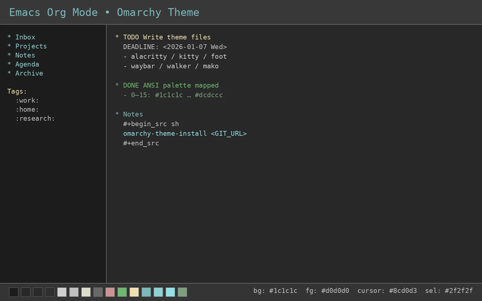 Emacs Org Mode temos peržiūra: Org failo rodinys su paletės juosta apačioje